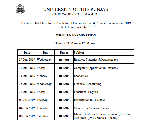 B.Com Part 1 Date sheet Annual 2019 Punjab University PU