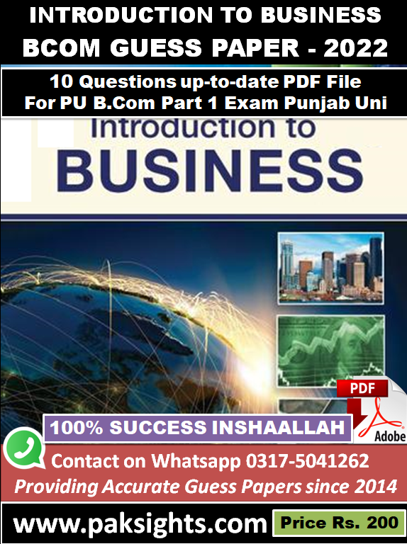 Introductin to business guess papers 2022 solved b.com adc part 1 punjab university